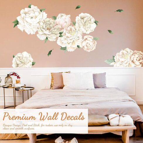 White Peony Wall Decals for Girls Bedroom Vinyl Flower Wall Decals Peel and Stick Floral Wall Stickers for Kids Room Baby Nursery in Kuwait