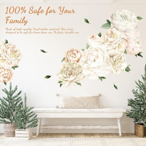 White Peony Wall Decals for Girls Bedroom Vinyl Flower Wall Decals Peel and Stick Floral Wall Stickers for Kids Room Baby Nursery in Kuwait
