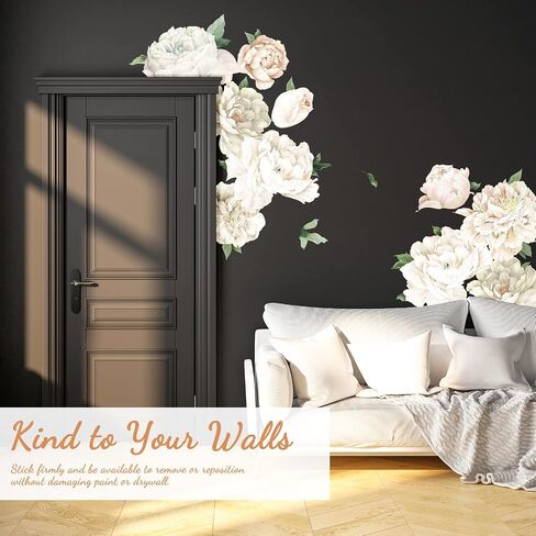 White Peony Wall Decals for Girls Bedroom Vinyl Flower Wall Decals Peel and Stick Floral Wall Stickers for Kids Room Baby Nursery in Kuwait