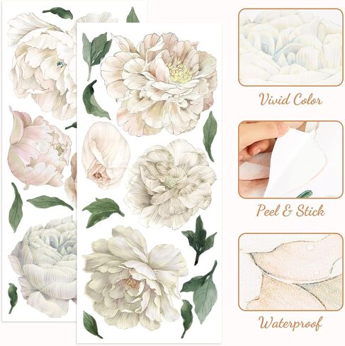 White Peony Wall Decals for Girls Bedroom Vinyl Flower Wall Decals Peel and Stick Floral Wall Stickers for Kids Room Baby Nursery in Kuwait