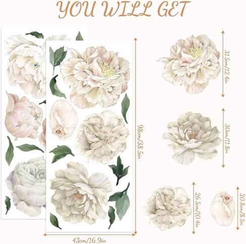 White Peony Wall Decals for Girls Bedroom Vinyl Flower Wall Decals Peel and Stick Floral Wall Stickers for Kids Room Baby Nursery in Kuwait