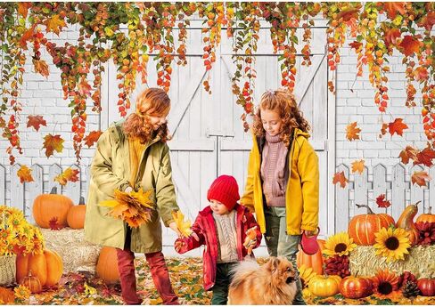10x8ft Fall Thanksgiving Backdrop Autumn Rustic Wooden White Door Harvest Barn Pumpkin Maple Leaves Photography Background for Baby Shower Birthday Party Decorations Banner Photo Props in Kuwait