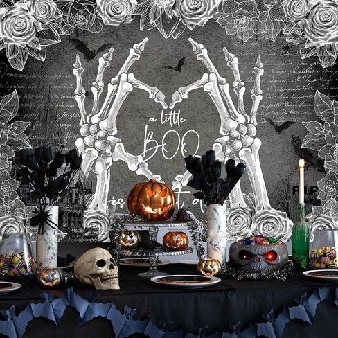 Avezano Halloween Baby Shower Backdrop A Little Boo is Almost Due Baby Shower Party Decorations Skeleton Fingers Heart Baby Shower Photography Background Photo Booth Banner Decor (7x5ft) in Saudi Arabia