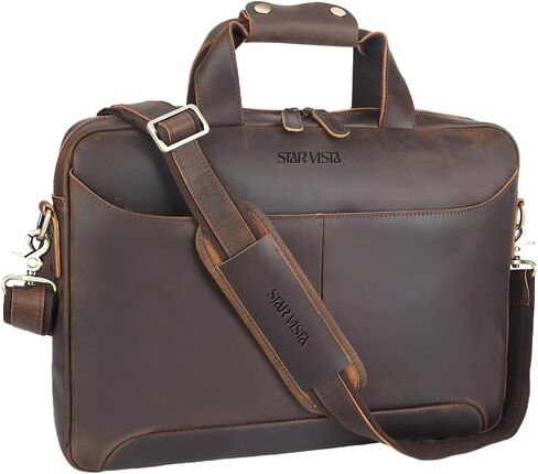 Vittorio Slim Laptop Messenger Bag, Full Grain Leather Briefcase for Men, Dark Brown, Fits 15.6" Laptop, YKK Zippers and Brass Hardware in Saudi Arabia