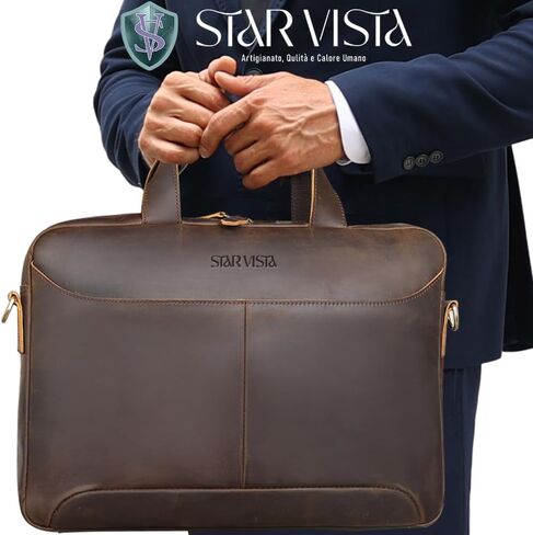 Vittorio Slim Laptop Messenger Bag, Full Grain Leather Briefcase for Men, Dark Brown, Fits 15.6" Laptop, YKK Zippers and Brass Hardware in Saudi Arabia