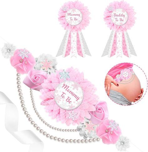 JOYMEMO Blue Winter Snowflake Baby Shower Maternity Sash and Corsage Pin Set - Mom to Be Snowflake Flower Belly Belt, Mom to Be & Dad to Be Corsage, Pregnancy Keepsake for Boy in Saudi Arabia