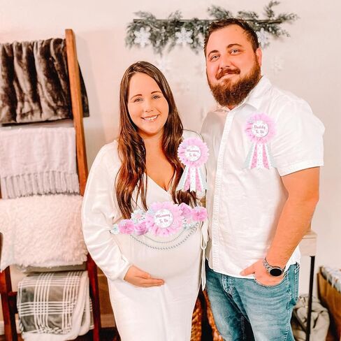 JOYMEMO Blue Winter Snowflake Baby Shower Maternity Sash and Corsage Pin Set - Mom to Be Snowflake Flower Belly Belt, Mom to Be & Dad to Be Corsage, Pregnancy Keepsake for Boy in Saudi Arabia