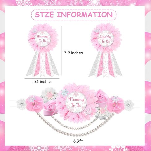 JOYMEMO Blue Winter Snowflake Baby Shower Maternity Sash and Corsage Pin Set - Mom to Be Snowflake Flower Belly Belt, Mom to Be & Dad to Be Corsage, Pregnancy Keepsake for Boy in Saudi Arabia