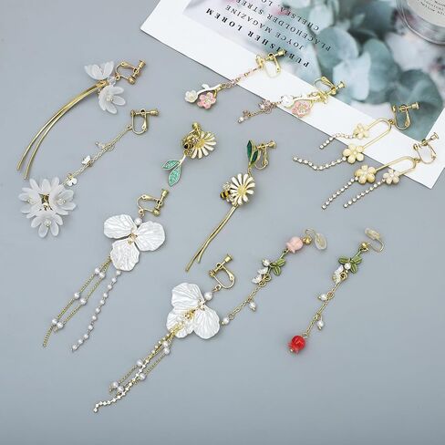 NEWITIN 6 Pairs Flower Clip On Earrings for Women Hypoallergenic Earrings Pearl Leaf Flower Tassel Earrings Statement Long Dangle Earrings Non Piercing Flower Earrings for Women in Saudi Arabia