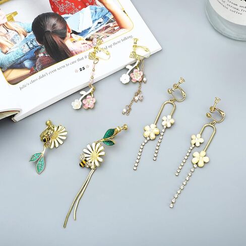 NEWITIN 6 Pairs Flower Clip On Earrings for Women Hypoallergenic Earrings Pearl Leaf Flower Tassel Earrings Statement Long Dangle Earrings Non Piercing Flower Earrings for Women in Saudi Arabia