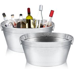 Uiifan 2 Pcs 24 Quart 6 Gallon Hammered Stainless Steel Beverage Tub Heavy Duty Oval Metal Large Ice Bucket for Drinks Bucket Cooler Ice Container for Bar Wedding Parties Anniversary Wine (Bronze)