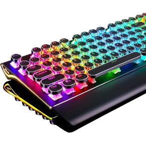 RK ROYAL KLUDGE S108 Typewriter Style Retro Mechanical Gaming Keyboard Wired with True RGB Backlit Collapsible Wrist Rest 108-Key Blue Switches Round Keycap - Black