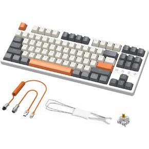 Wireless Gaming Keyboard and Custom Coiled USB C Cable,Triple Mode 2.4GHz/BT 5.0/USB-C,TKL Hot Swappable Mechanical Keyboard Yellow Switches,Rechargeable 3000mAh for PC PS5 PS4 Xbox-2 in 1 Kit in Kuwait