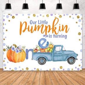 MEHOFOND 7x5ft Boy Pumpkin 1st Birthday Party Decoration Backdrop A Little Pumpkin is Turning One Fall Birthday Backdrop Blue Pumpkin Truck Floral Photography Background Photo Booth Props