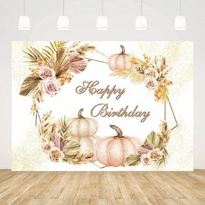 7x5ft Boho Happy Birthday Backdrop for Girls Women Autumn Pumpkin Flowers Pampas Grass Photography Background Birthday Party Decorations Banner Photo Booth Props