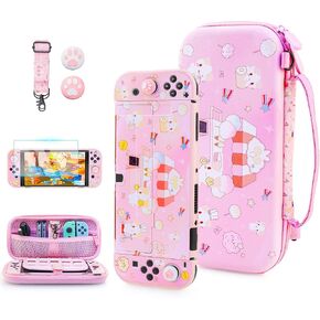 Fundiary لطيف لحقيبة حمل Mashumaro لجهاز Nintendo Switch، ملحقات حقيبة تخزين للسفر باللون الوردي لوحدة تحكم Switch Joycon مع غطاء واقي من مادة TPU، واقي شاشة، حزام كتف وغطاءين للإبهام in Kuwait