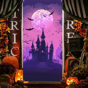 Halloween Door Decoration Horror Door Cover Banner Large Halloween Castle Front Door Backdrop Halloween Photo Background for Halloween Party Supplies 72.8 x 35.4 Inches (Castle)