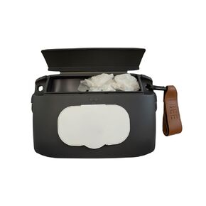 BEEKEEPR Baby Wipes Holder Charcoal w/Brown Strap, On The Go Travel Wipes Case, Holds Up to 60 Wipes, Portable Wipes Dispenser, Includes Temporary Trash Compartment, Dishwasher Safe