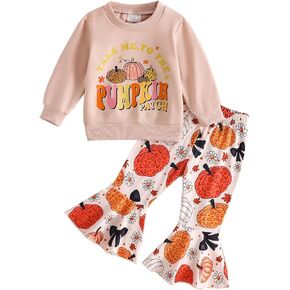 Toddler Baby Girl Halloween Outfit Long Sleeve Letter Pumpkin Embroidery Sweatshirt & Flare Pants Holiday Clothes
