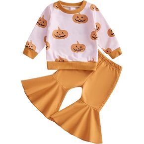 Toddler Baby Girl Halloween Outfit Long Sleeve Letter Pumpkin Embroidery Sweatshirt & Flare Pants Holiday Clothes in Kuwait