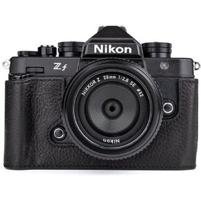 حافظة MUZIRI KINOKOO Nikon Z f Zf، نصف حافظة واقية من الجلد الطبيعي متوافقة مع كاميرا Nikon Z f/Zf - مع فتحة سفلية وتصميم قبضة اليد - أسود