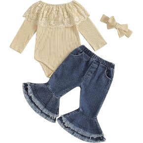 Baby Girl Clothes Lace off shoulder knit sweater Romper Bodysuit Flare Pants Bow headband set 3Pcs Newborn Fall Outfit