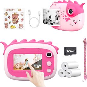 Kids Camera Instant Print, 3.0" Large Touchscreen Selife Camera for Kids,Instant Print Camera for Kids,Christmas Birthday Gifts Toys for 3-12 Years Old Girls Boys,32G Card,Pink