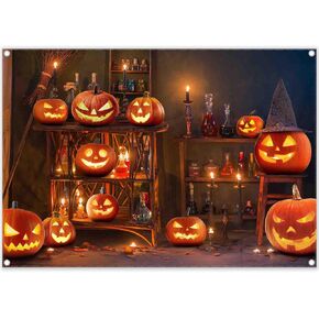 7x5ft Fabric Halloween Pumpkin Themed Photography Backdrop Magic Witch Potion Candle Background Children Sorcerer Party Decorations Photo Booth Banner