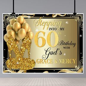 8x6Ft 60th Birthday Backdrops Black Gold Sequins High Heels Balloons Photography Background for Adult Women Happy Birthday Backdrop for Photo Studio