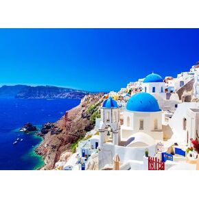 CORFOTO Fabric 7x5ft Greece Photo Backdrop Santorini Island Oia Village Backdrop Greece Photography Background for Greece Themed Party Banner Mamma Mia Birthday Decor Bridal Shower Photo Booth Props