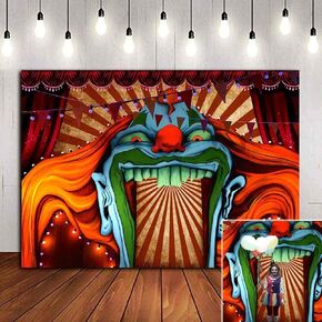 Scary Giant Clown Photography Backdrop Red White Stripe Carnival Photo Background Photo Booth Studio Props Supplies Horror Circus Haunted House 7x5ft Vinyl Halloween Party Banner Decorations