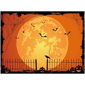 Allenjoy 8 x 6 FT Happy Halloween Backdrop Orange Moon Night Pumpkin Bat Spider Web Graveyard Fence Photography Background Horror Themed Party Decorations Cake Table Banner Portrait Photo Booth Props