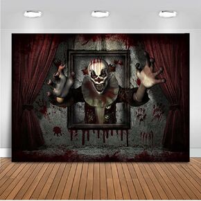 Mocsicka Horror Clown Halloween Backdrop for Photography Circus Theme Evil Clown Haunted House Giant Evil Clown Background Creepy Scary Carnival Trunk or Treat Party Decorations (7x5ft)