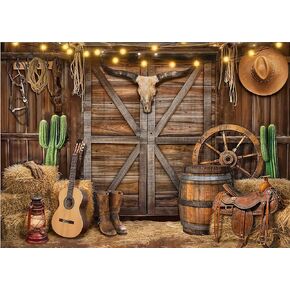 Dudaacvt 8X6FT Western Cowboy Backdrop Banner, Wild West Rustic Wooden Barn House Photography Background for Western Party Decoration, Kid Birthday Party Backdrop D703
