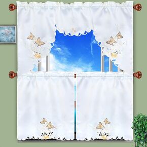 Simhomsen Embroidered Butterfly Kitchen Curtain Swag and Tiers Set for Spring and Summer, Window Treatment, Decorations (Aqua)