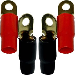 Bass Rockers 4 Gauge AWG Gold Plated Crimp Ring Terminals - Amplifier Car Audio Accessories - Power Ground Wire Battery Cable Connectors - TR4G 8pcs Red & Black