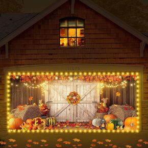 Ganeen 7 × 16ft Fall Thanksgiving Door Garage Banner with LED String Lights Large Autumn Backdrop Door Cover Hanging Garage Door Decorations Banner Fall Party Background for Wall Door House Decor