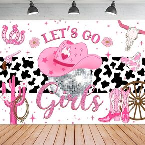 Cowgirl Backdrop for Girl Western Pink Disco Birthday Decor Let's Go Rustic Cow Print Party Banner Cactus Hat Boots Wild West 7Wx5H Feet Fabric Polyester Photography Background Photo Shoot Prop