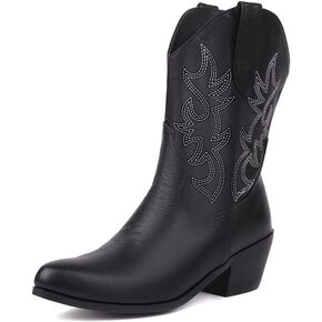 YING LAN Western Cowboy Boots for Women, Knee High Wide Calf Cowgirl Boots with Classic Embroidered Retro Pull On Chunky Heel Boot
