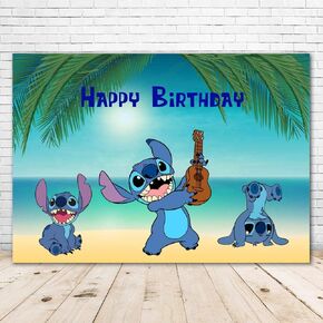 Happy Birthday Stitch Backdrop 7x5 Tropical Luau Background Cartoon Monster Stitch Background for Baby Shower Summer Beach Backdrops for Kids Party