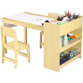 Kids Art Table with 2 Chairs, Toddler Craft Play Wood Activity Desk with Large Storage Shelves for Writing Drawing,Nursery, Children's Wooden Furniture for Classroom Daycares,Home