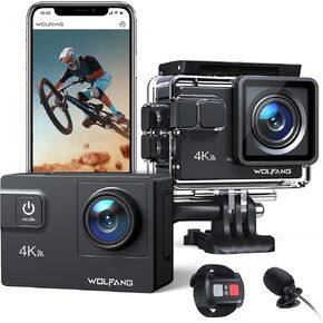 WOLFANG GA300 4K60FPS Action Camera 24MP Waterproof 40M Underwater Camera EIS Stabilization WiFi Wide Angle Helmet Camera with External Microphone, Remote Control, 2x1350mAh Batteries, Accessory Kit