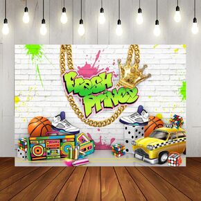 Lofaris Fresh Prince Backdrop White Brick Wall Neon Splash Hip Hop Birthday Background Boy Newborn Music Parties Decor Portrait Photoshoot Backdrops 7x5ft