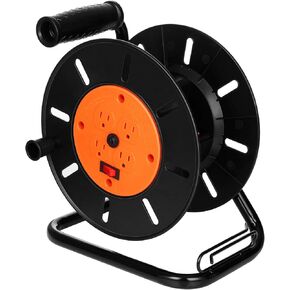 Suraielec Electric Cord Reel, Holds 100 ft 16/3, 14/3 or 75ft 12/3 Gauge Extension Cord, 15 AMP Breaker, 4 Outlets Metal Stand Storage Power Cable Reel, Empty Hand Crank Roller Holder, ETL Listed