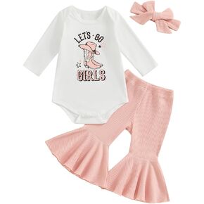 Baby Girls Western Clothes Set Let's Go Girls Bodysuit Ribbed Flared Pants Headband 3pcs Cowgirl Outfit