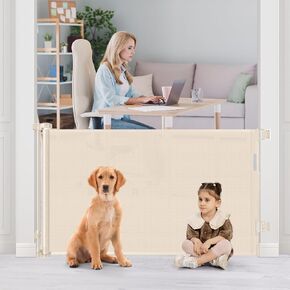 52" Wide Retractable Baby Gates for Doorways Mesh Dog Gate Indoor Safety Gates Retractable Pet Gates for Dogs Outdoor Baby Gates for Decks Mesh Puppy Gates for the House Mesh Baby Gate for Dogs, Beige