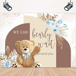 LIGHTINHOME Bear Baby Shower Backdrop 7Wx5H Feet We Can Bearly Wait Cute Blue Brown Floral Pampas Grass Arch for Boys Kids Photography Background Decorations Photo Booth Studio Prop Fabric