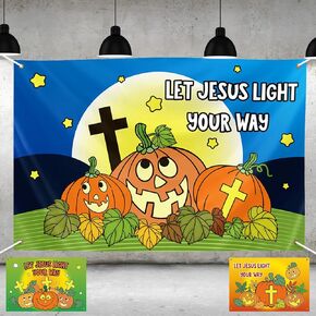 Preboun 3 Pcs Halloween Christian Pumpkin Backdrop Banner for Parties 40 x 60 Inch Religious Trunk or Treat Decorations Halloween Jesus Photography Backdrop Banner for Trick or Treat Halloween Party