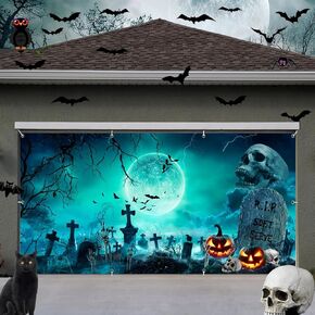 7x16ft Large Halloween Garage Door Decorations Backdrop Scary Cemetery Halloween Garage Door Banner Backdrop Spooky Skull Graveyard Forest Skeleton Halloween Garage Door Cover Decorations