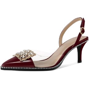 Soireelady Womens Low Kitten Slingback Heel Pumps Transparent Clear PVC Shoes Pointed Toe Slip On Crystal Rhinestones Dress Shoes 2.5 Inches